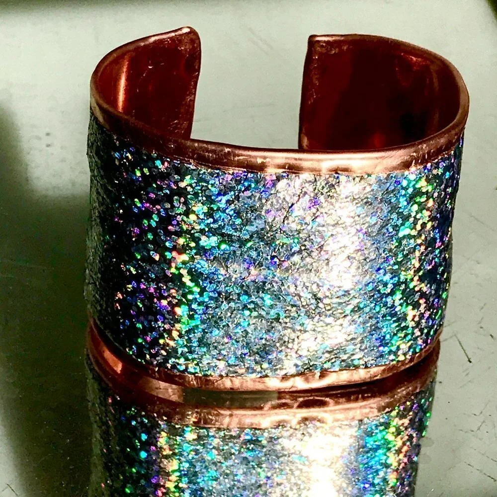 Genuine Leather Holographic Copper Cuff Bracelet Real Hologram (not Glitter)